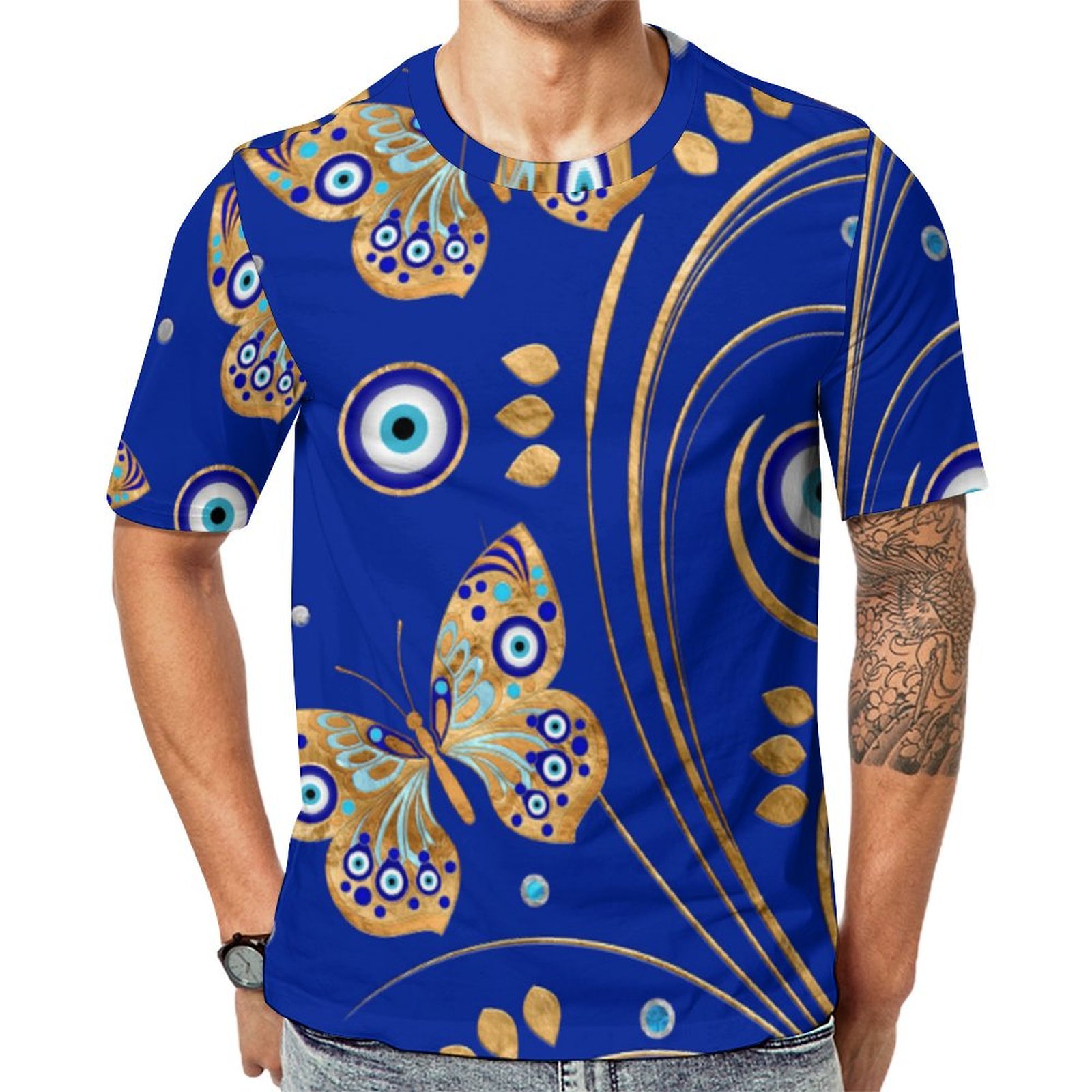 Blue Golden Butterfly Evil Eye Short Sleeve Print Unisex Tshirt Summer Casual Tees for Men and Women Coolcoshirts