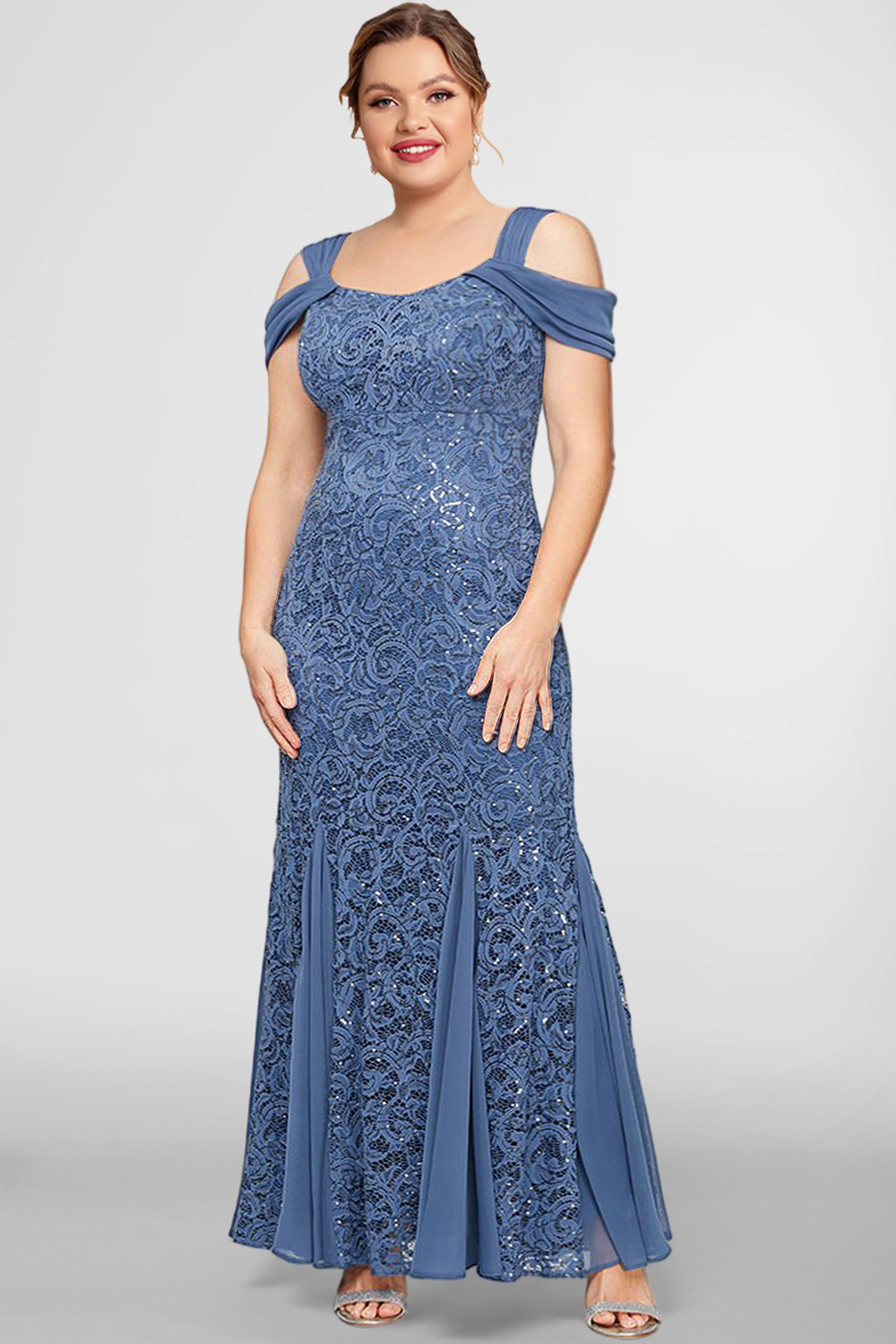 Flycurvy Plus Size Formal Dark Blue Sequined Lace Cold Shoulder Bodycon Maxi Dress