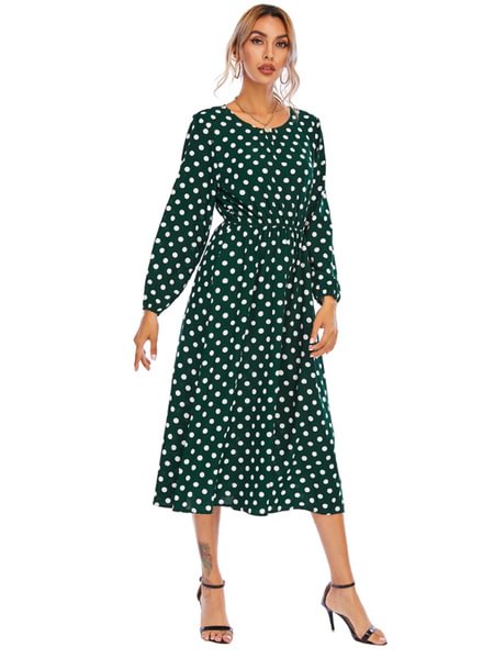 Polka Dot Crew Neck Elastic Waist Dress - BlackFridayBuys