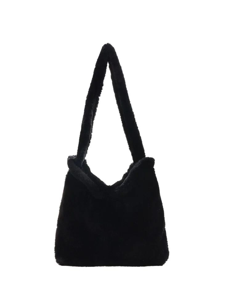 Retro Women Plush Leopard Love Shoulder Bag Autumn Winter Handbags (Black)