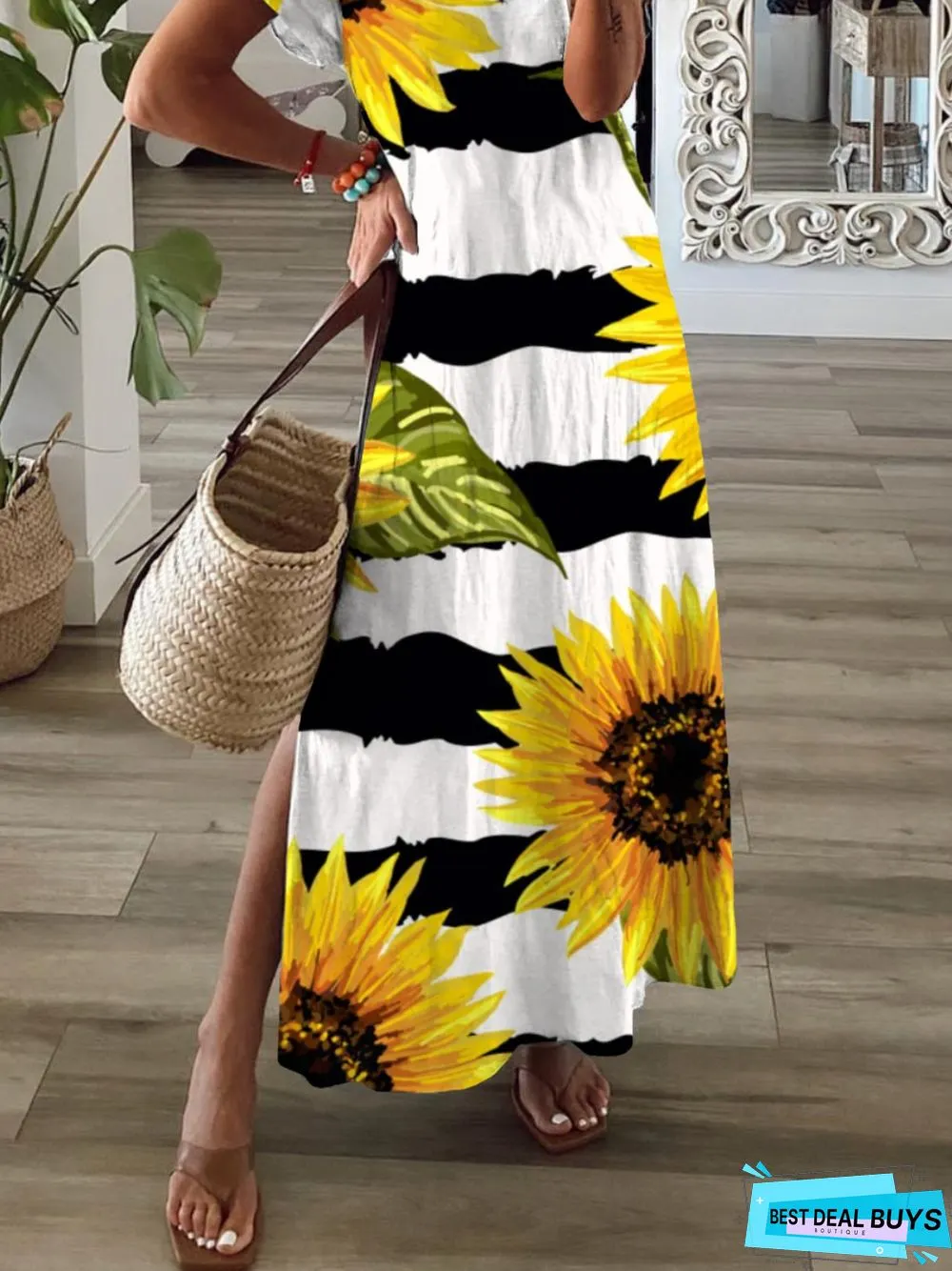 Casual Sunflower Short Sleeve V Neck Printed Dress