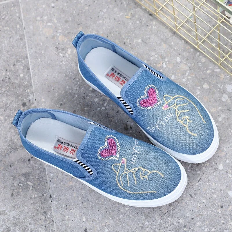 Qengg Women's Spring summer shoes comfortable denim canvas shoes with printings lady soft lazy loafers chaussures de dame