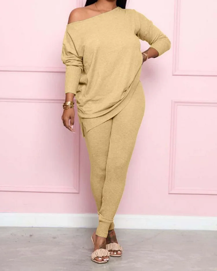 Round Neck Long Sleeves Side Off-shoulder Loose Two-piece Casual