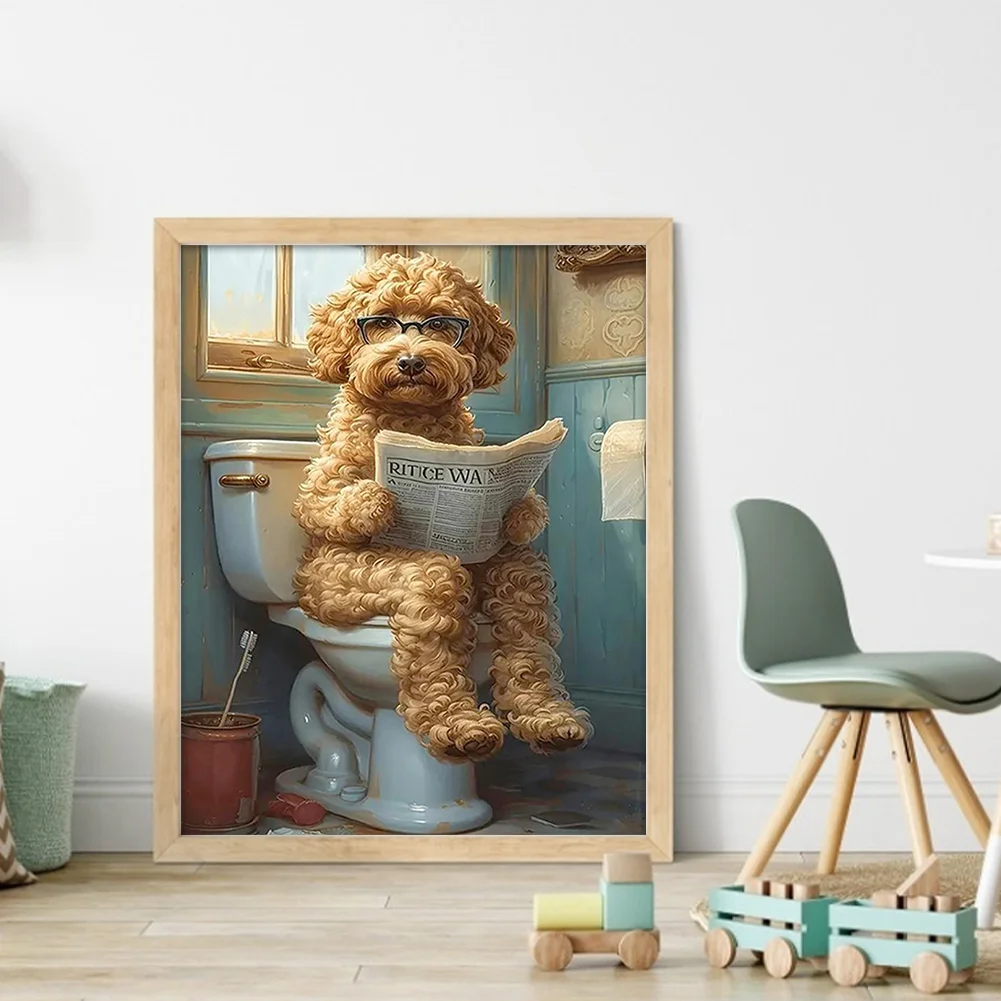 11CT Full Stamped Cross Stitch - Puppy Reading Newspaper In Toilet (40*50cm)