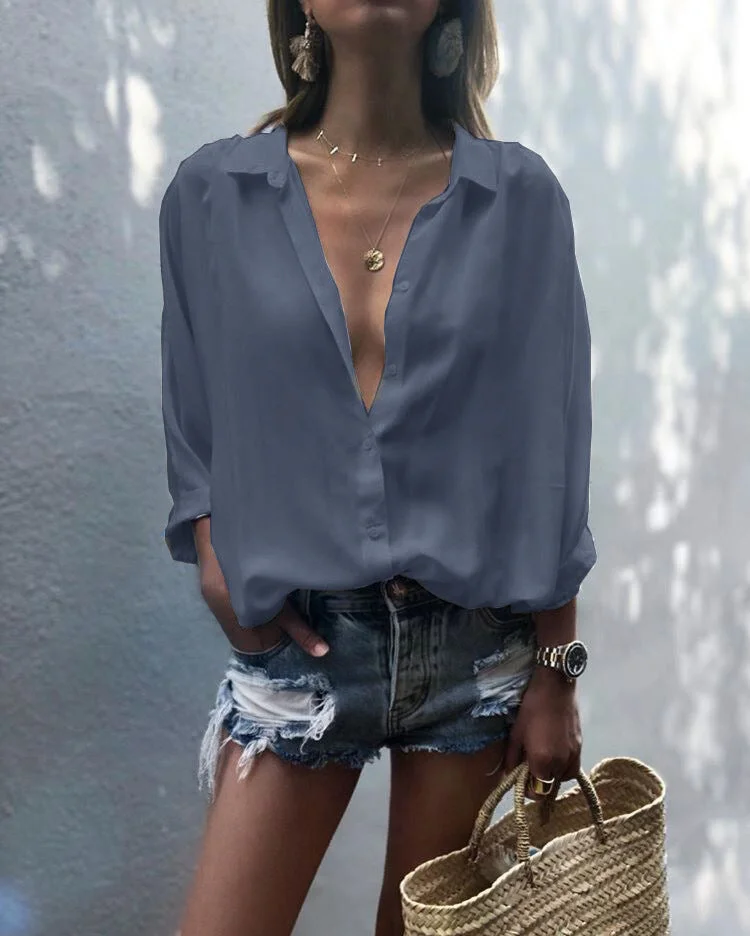 Uveng Solid Color Deep V-neck Buttons Chiffon Shirt