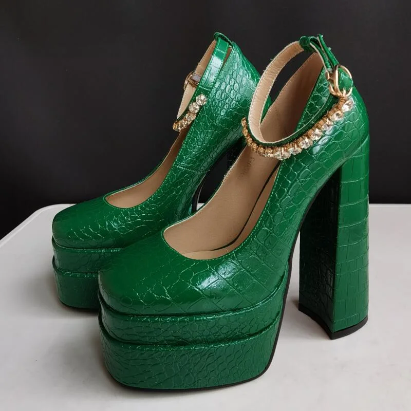 Canrulo New Sexy Crocodile Pattern Pumps Platform Thick High Heel Rhinestone Party Women's Shoes Black Green Spring Summer Big Size