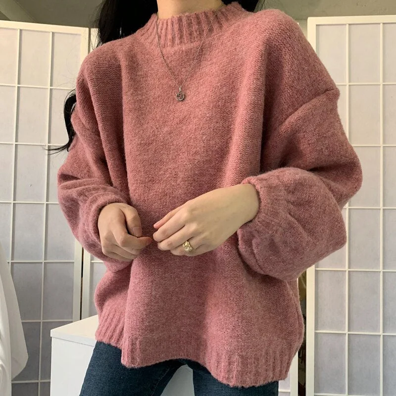 Syiwidii Woman Sweater Autumn Winter 2021 New Pullover Long Sleeve Half High Collar Loose Knitted Korean Tops Casual Jumper Blue