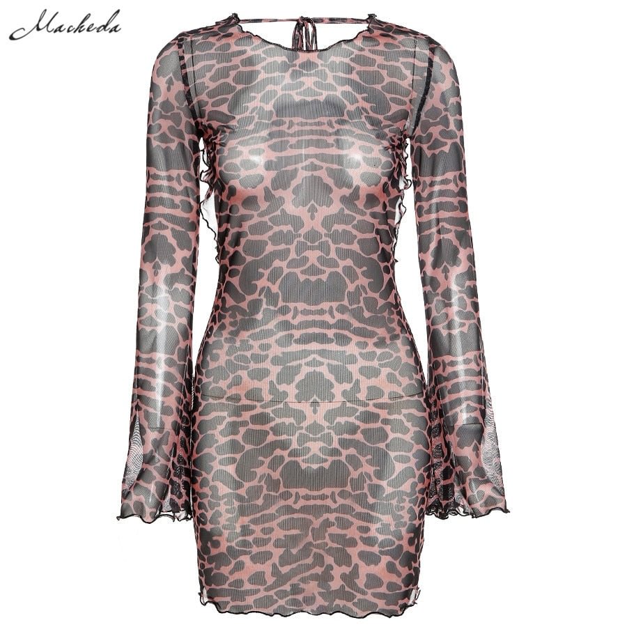 Macheda Autumn Sexy Big Backless Dress Women Long Sleeve O Neck Leopard Printing Clothing Lady Fashion Mini Dresses 2020 New