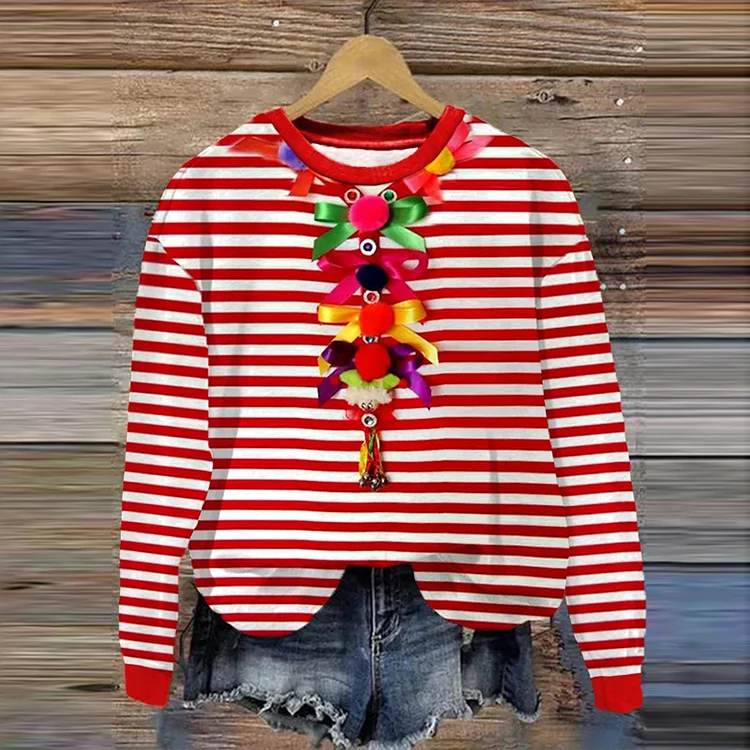 Damen-Sweatshirt „Kölner Karneval“ mit Schleife, gestreift, bedruckt, lässig