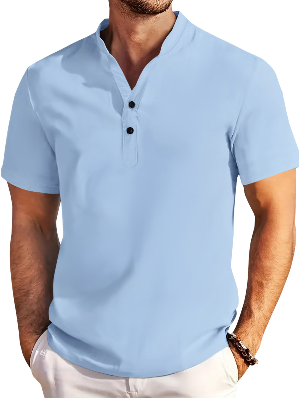 Men's cotton and linen two-button stand-collar short-sleeved shirt