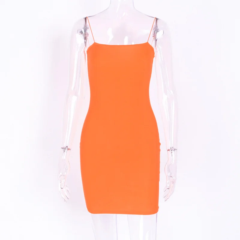 2023 Summer Spaghetti Straps Neon Orange Solid  Dresses Women Fashion High Waist Stretchy Party Club Streestwear