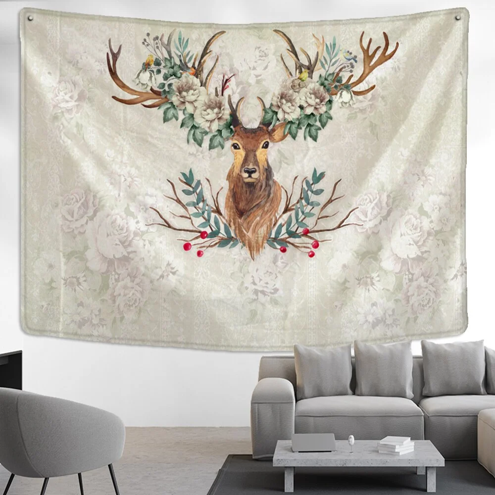 Elk Head Oil Painting Tapestry Wall Hanging Bohemian Style Psychedelic Witchcraft Art Cartoon Home Decor