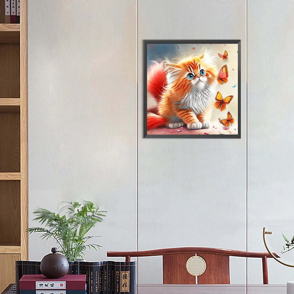 Full Round Diamond Painting 30*30cm - Butterfly And Kitten