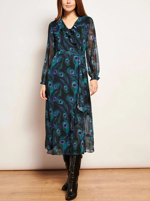 Airy peacock print long-sleeved women's dress