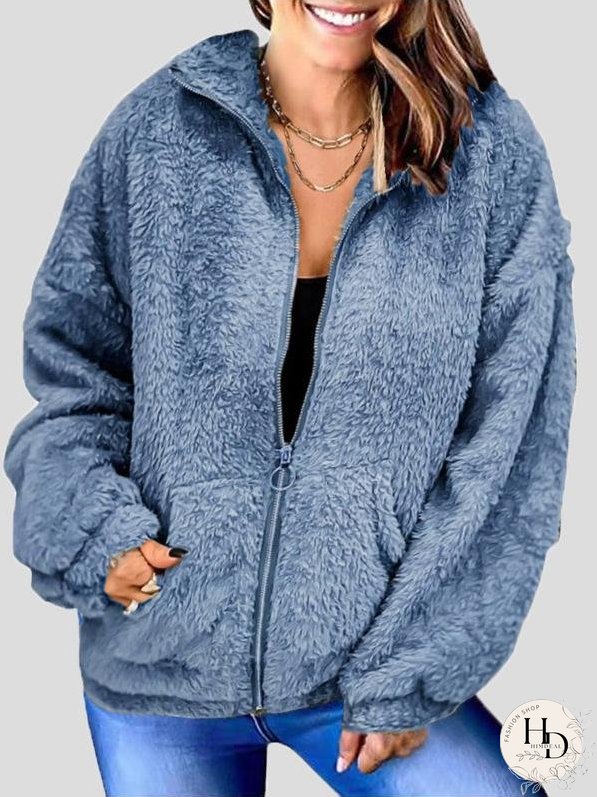 Coats Woolen Fleece Loose Zipper Cardigan Pocket Coat for Women