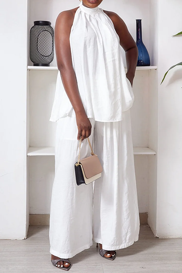 Plus Size Vacation White Casual Halter Collar Pocket Two Piece Pant Sets [Pre-Order] 2024 - Xpluswear