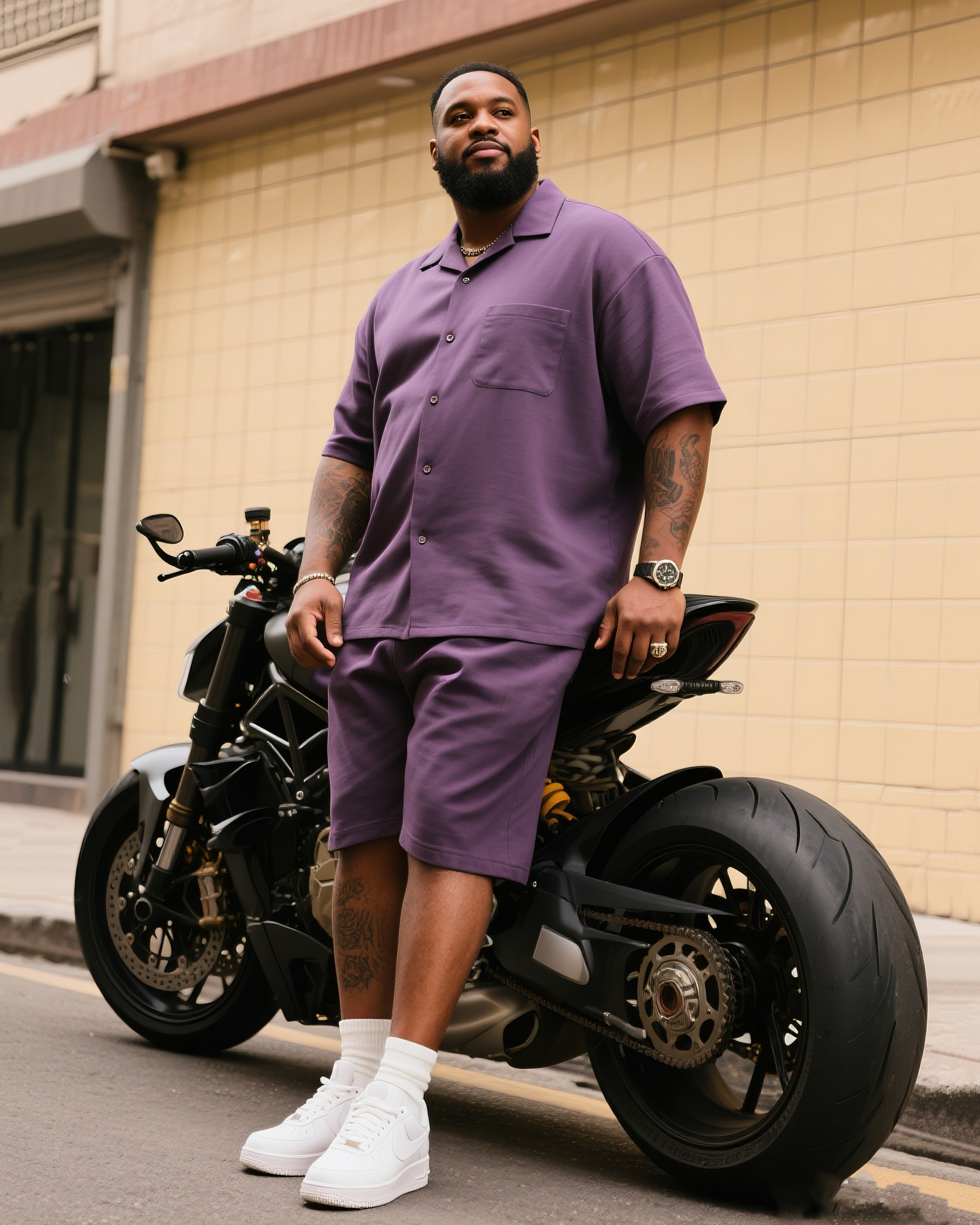 Big & Tall Men's Street Motorcycle Clean Purple Short Sleeve Shirt Shorts Suit