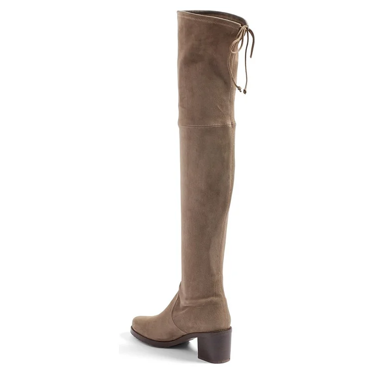 Khaki Suede Chunky Heel Thigh-High Long Boots Vdcoo