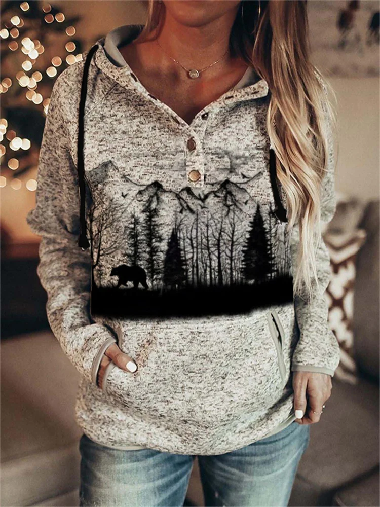 Wearshes Mountains Bear In The Forest Print Hoodie