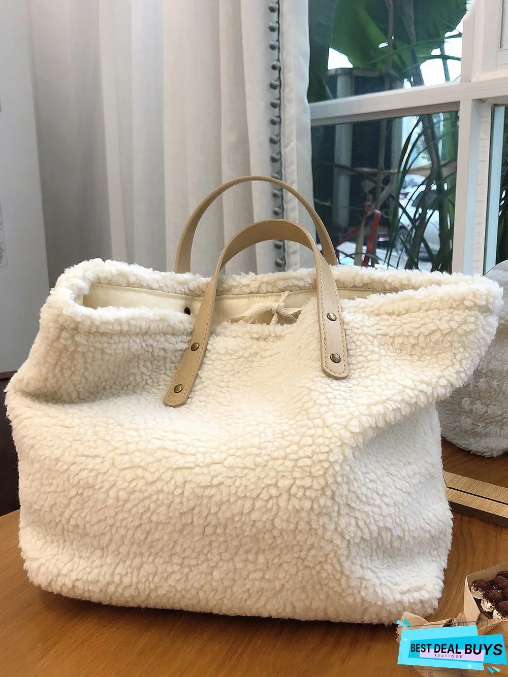 Pure Color Lambswool Large Capacity Handbag