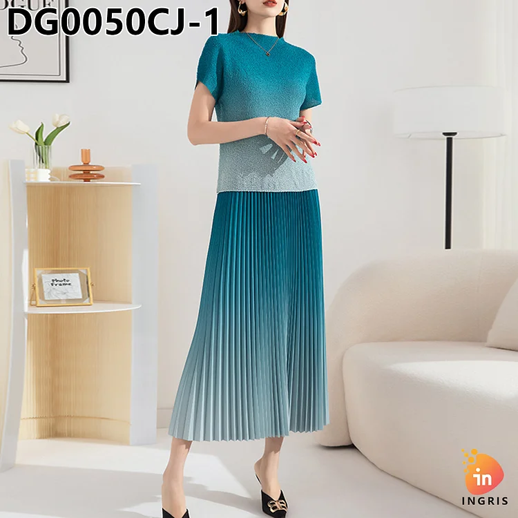 Women's High Waist Pleated Skirt Retro Style A-Line Loose Stretch Gradient Print Design Polyester Fabric-DG00050CJ
