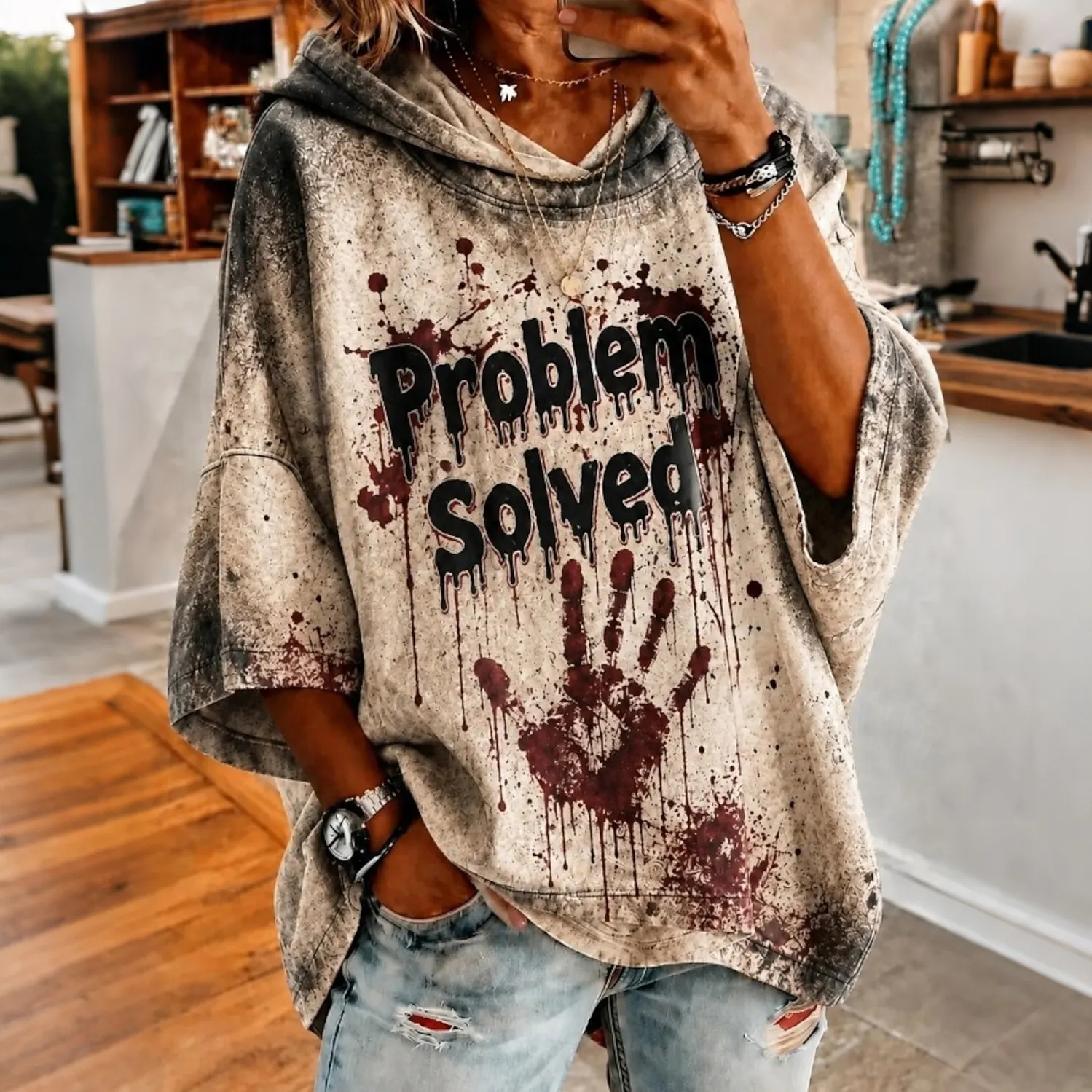 Women's Halloween Bloody Problem Solved Art Print Casual Hoodie artswardrobe