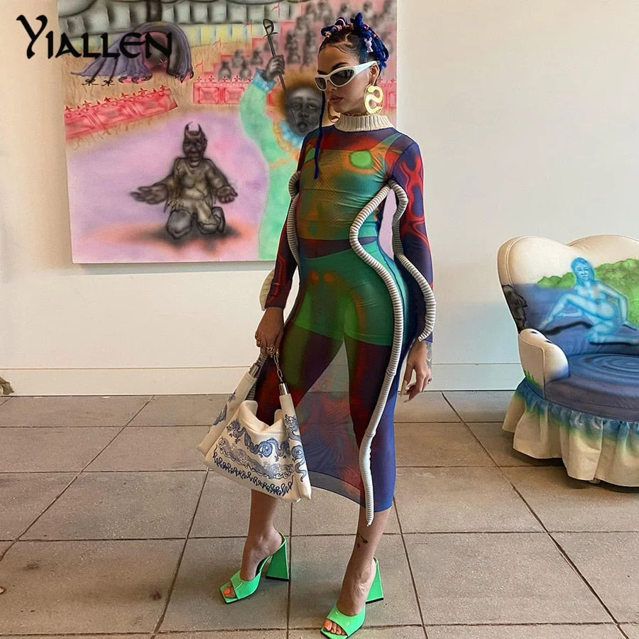 Yiallen Autumn Casual Long Sleeve O Neck Print Mesh Patchwork Y2K Dress Womnen Street Clubwear Female Activewear Stretch Hot