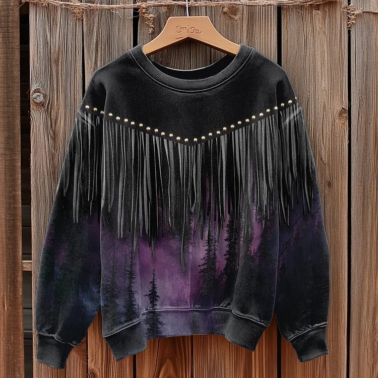 Utbros Vintage Mountains Silhouette Tassel Art Casual Sweatshirt