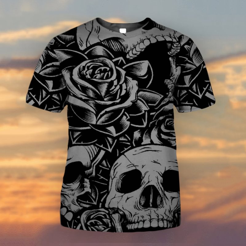 Designer rose flower skull print men's T-shirt - Krazyskull
