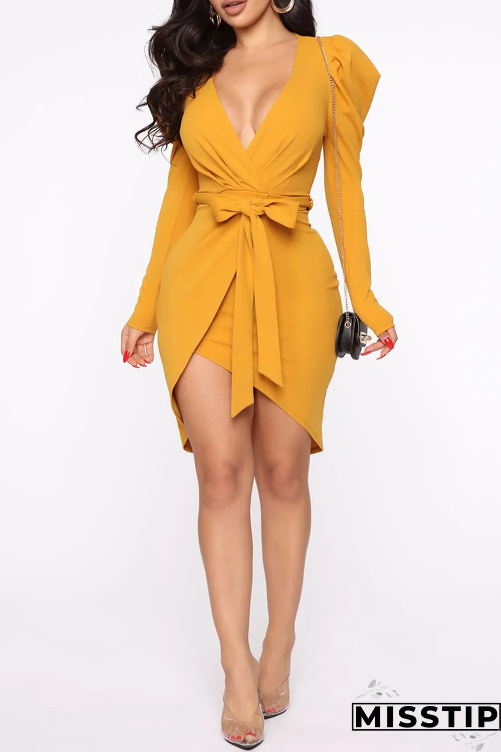 Red Fashion Casual Solid Bandage V Neck Long Sleeve Dresses