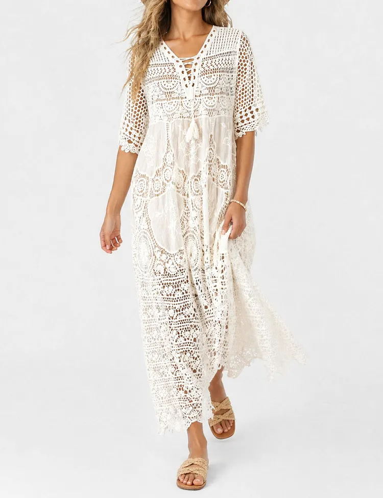 Ladies Crochet Lace Hollow-Out Tassel Tie Neck Maxi Dress