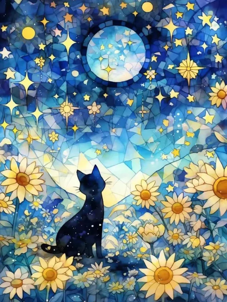 Moon Sunflower Black Cat 11CT Stamped Cross Stitch 50*65CM