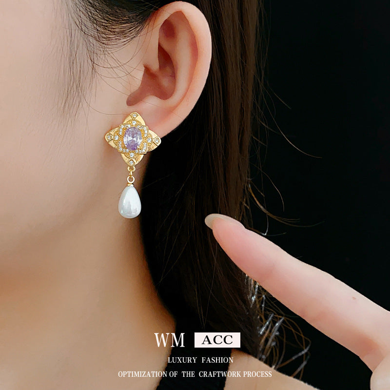 Luxurious Flower Droplet Flower Artificial Pearl Zircon Inlay Earrings