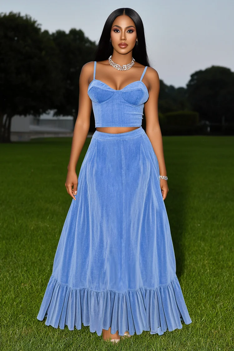 Cami Corset Top Ruffle Maxi Skirt Vacation Velvet 2pcs Set-Blue [Pre Order]