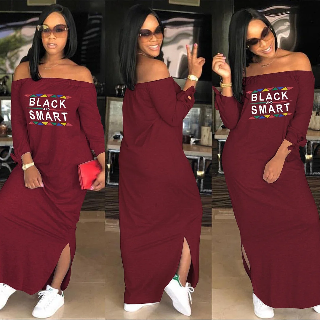 Fashion Sexy Slash Neck Ladies Solid Color Letter Printing Long Dress Home Casual Street Loose Large Size Dress