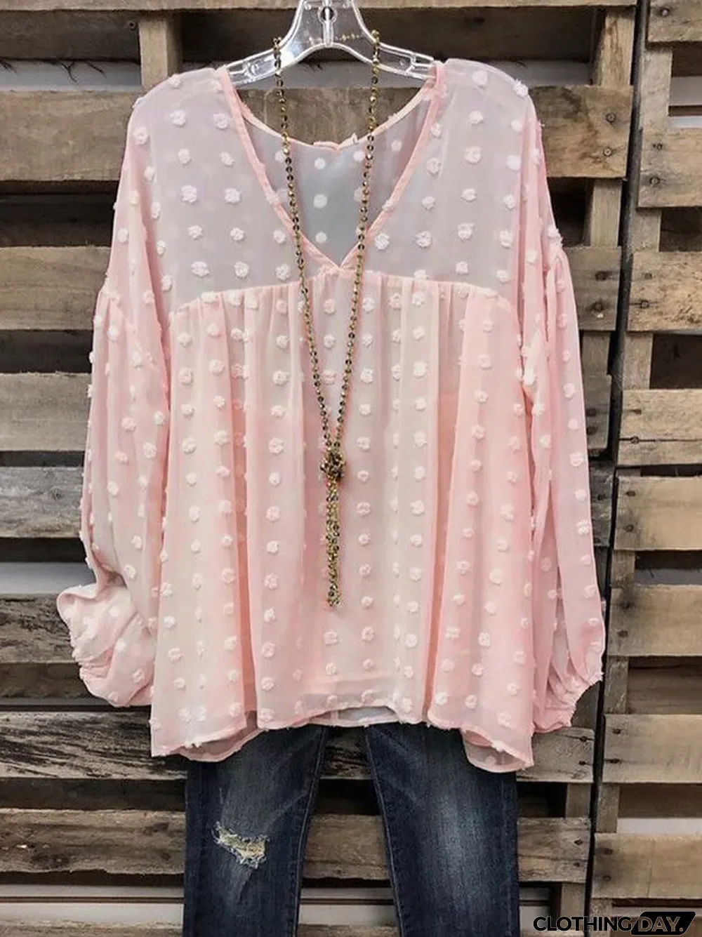 Women's Long Sleeve V Neck Breathable Polka Dot Jacquard T-Shirt Top