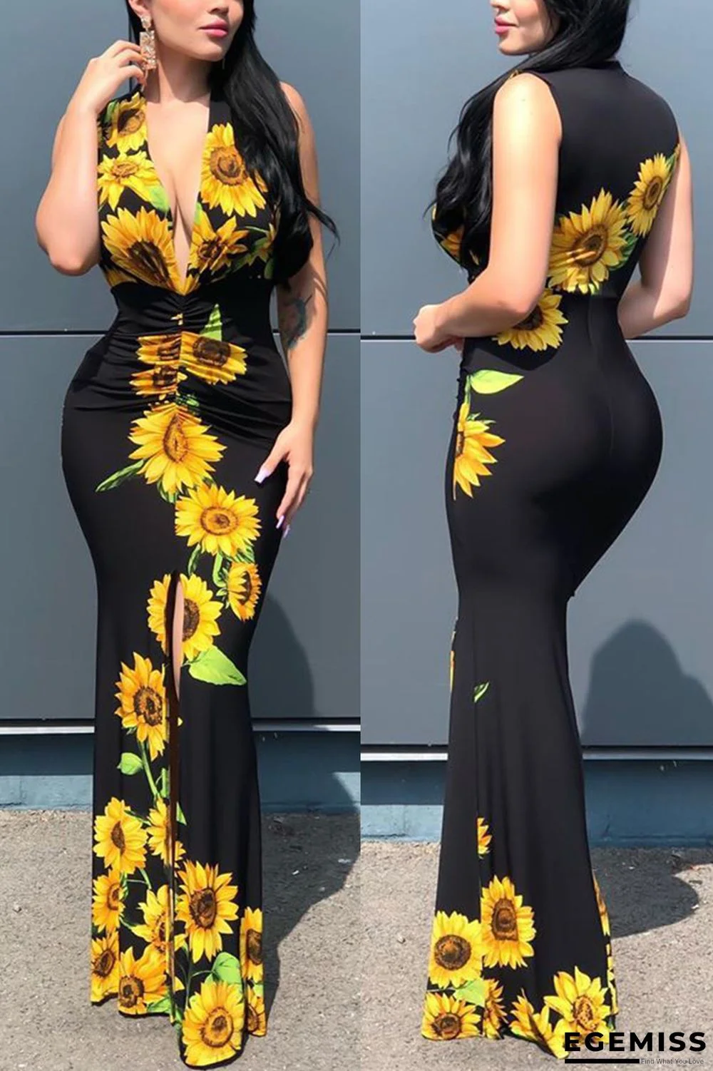 Black Fashion Sleeveless V Neck Pencil Skirt Floor Length Print Dresses | EGEMISS