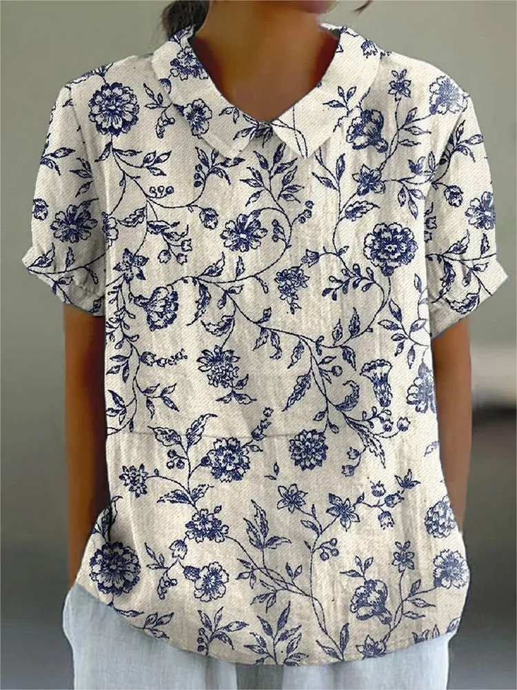 Women's Flower Art Print Casual Cotton And Linen Shirt