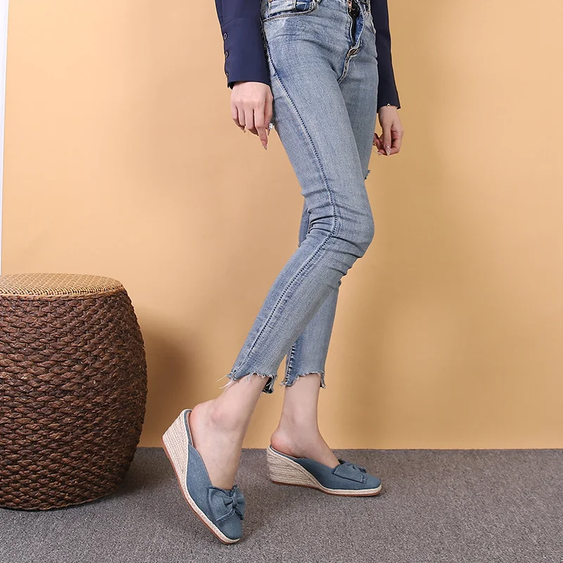 Wongn Wongn Style Square Slope With Thick Bottom With Baotou Drag Women's Shoes Bow Grass Hemp Rope Bottom