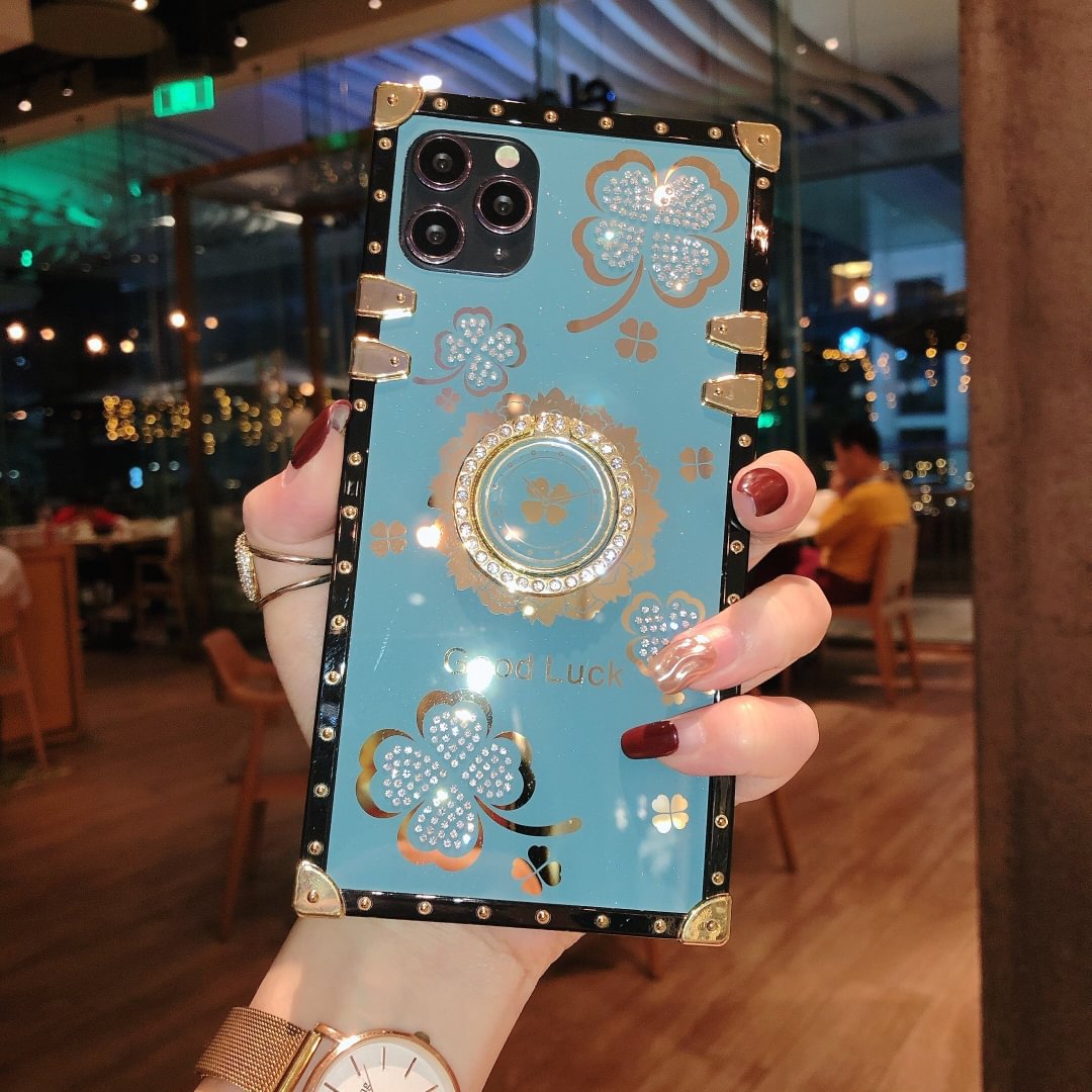 Square Bling Shining Rose Flower Phone Case with Ring Holder