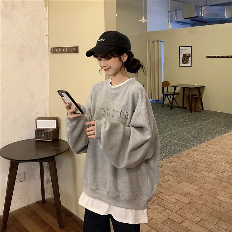 Oversize Long Sleeve Sweatshirts Egirl Outfit Vintage Womens Clothing Round Neck Classy Jacket Female Minimalist Tops - BlackFridayBuys