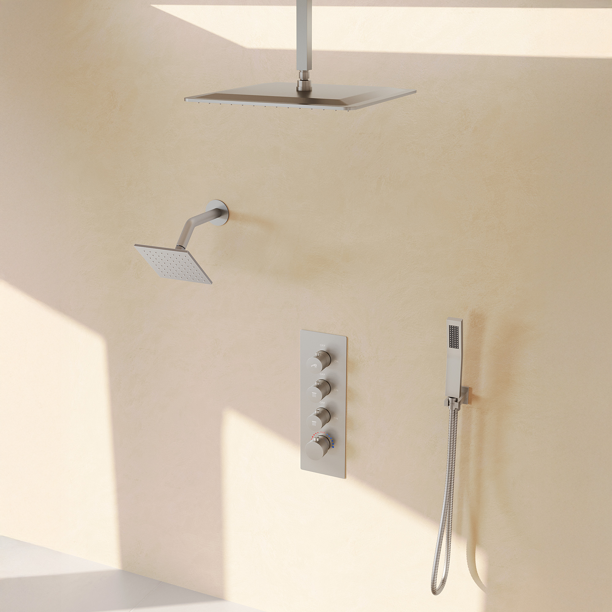 Dual Rainfall Shower head System, 16" Ceiling Mount Bathroom Shower Faucet with Handheld Sprayer, Brushed Nickel,