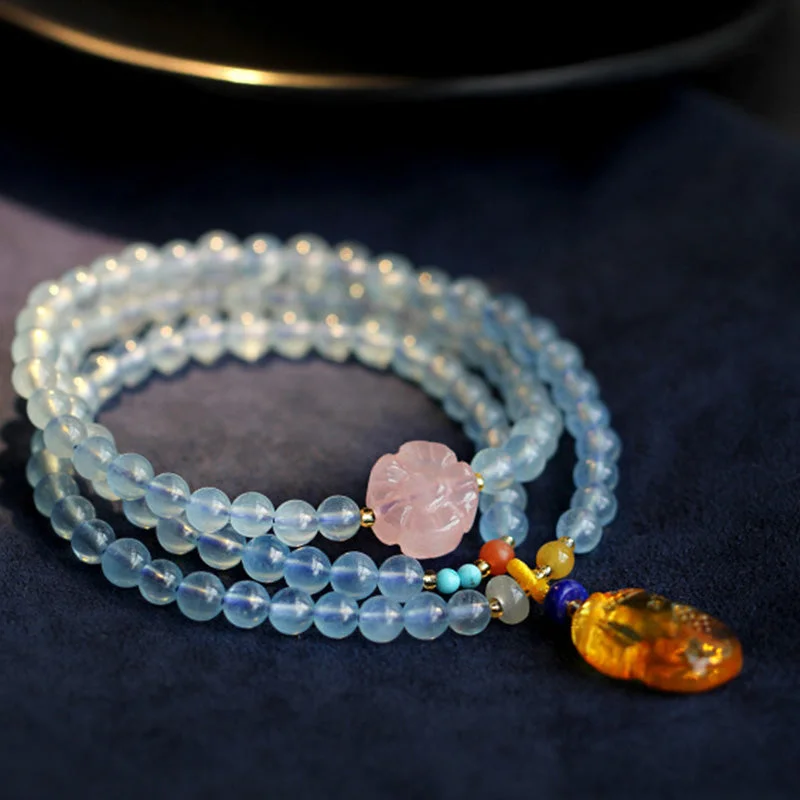 Natural Aquamarine Amber Flower Cheongsam Charm Healing Bracelet