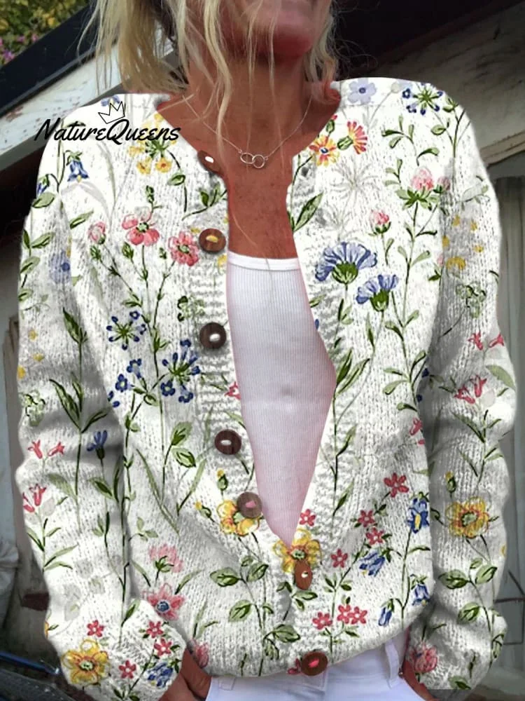 Vintage Flower Art Print Buttoned Cardigan Sweater
