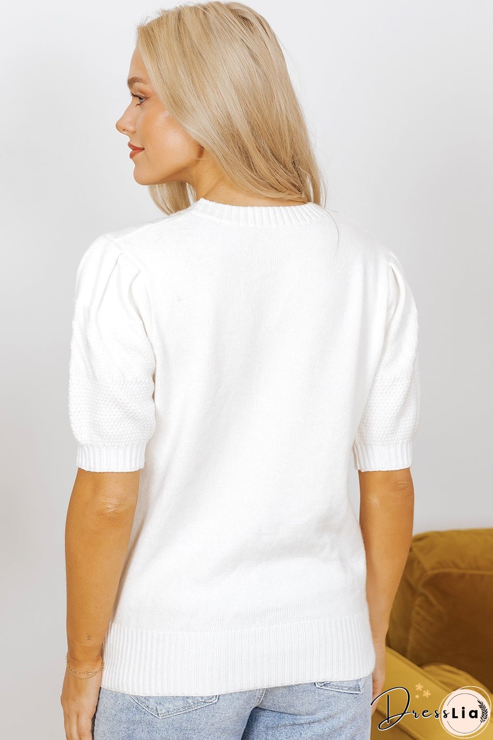 White Multicolor Stitch Detail Cable Knit Short Sleeve Sweater