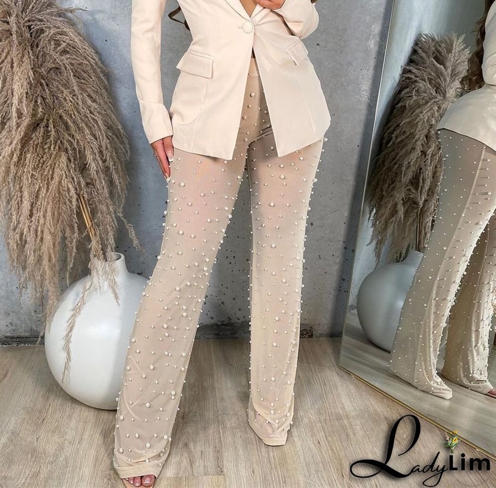 Autumn and winter women's elastic mesh bead trousers with bottoms