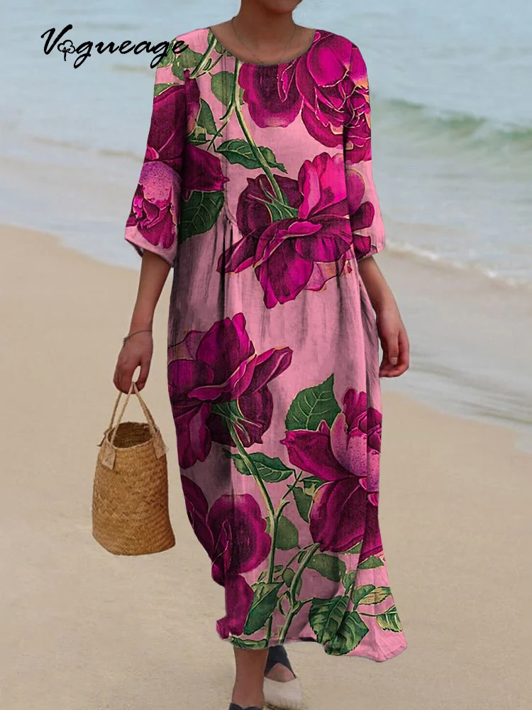 Generous And Comfortable Flowers Printed Women's Casual Cotton And Linen Dress