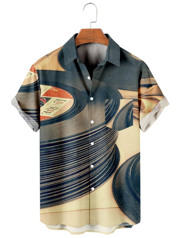 Men's Vintage Record Art Lapel Short Sleeve Shirt
