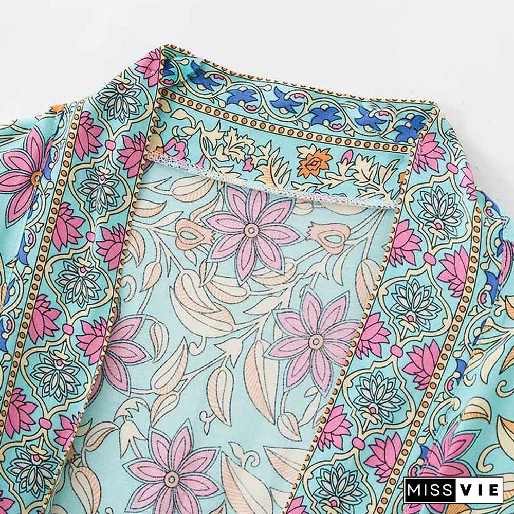 Boho Floral Print Belt Robe Long Cardigan Kimono Outerwear