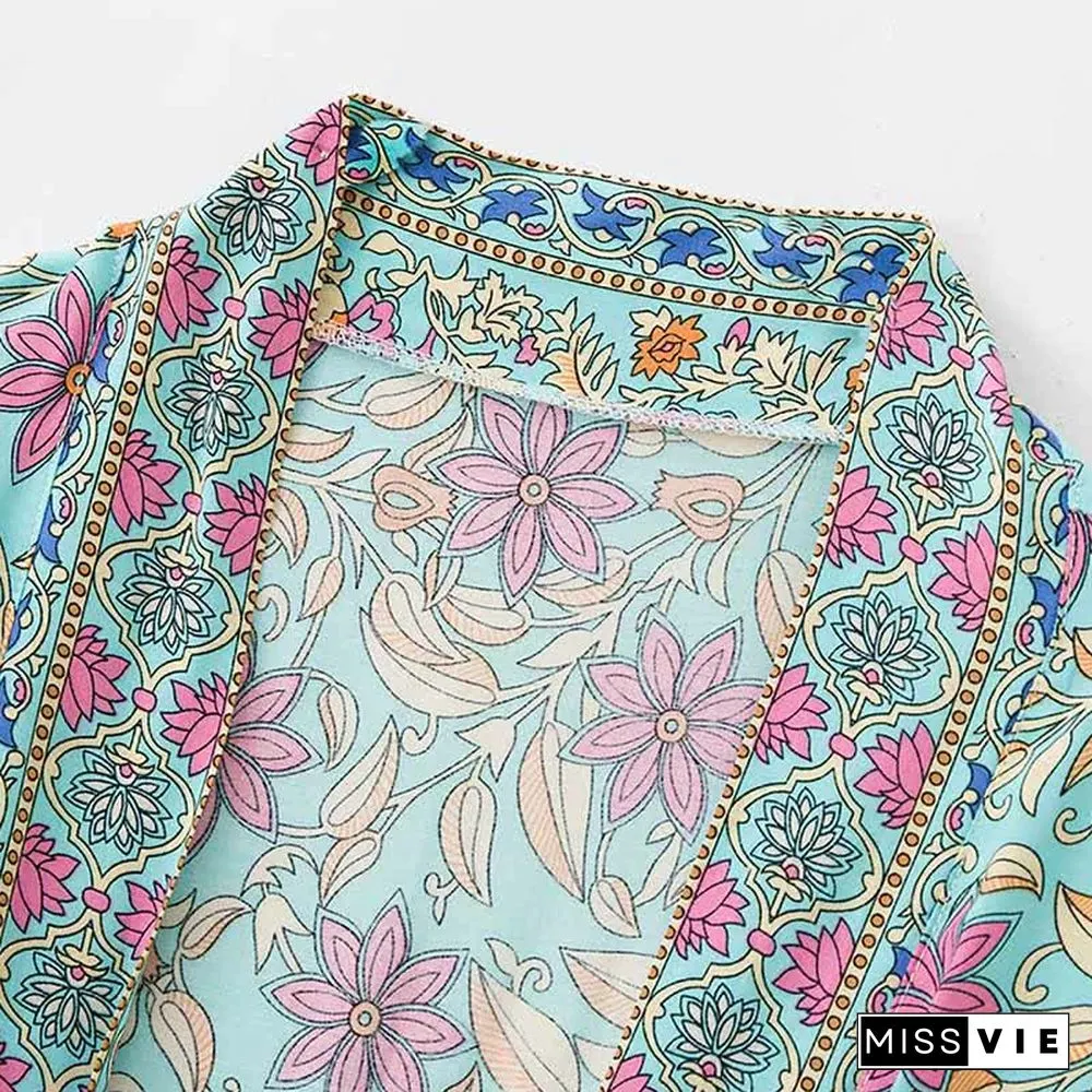 Boho Floral Print Belt Robe Long Cardigan Kimono Outerwear